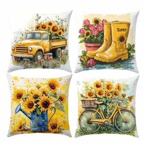 4pcs Minimalist Summer Sunflower Theme Pillow Cover Set, Single-Sided Printed Peach Velvet Fabric, 45*45/50*50/40*40CM Cushion Cover Suitable For Modern Minimalist Sofa Living Room Decor, Gift, Party Decoration