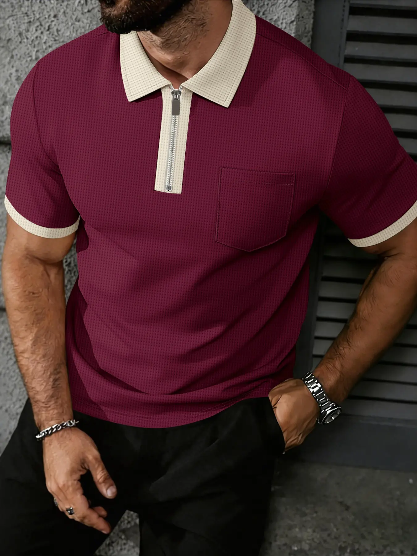 Men's Colorblock Collar Half-Zip Polo Shirt Top, Polo Style, Ribbed Knit with Pockets, Casual Streetwear for Daily Wear, Trendy and Comfortable, Collared Polo, Summer Polos