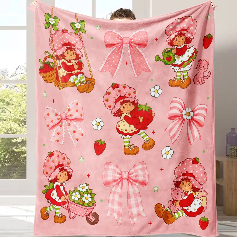 Strawberry Shortcake Pink Cottagecore Flannel Blanket, Soft Retro Strawberry Throw for Girls Bedrooms and Family Sofas, Cute Kawaii Character Art, Cozy Movie Nights and Sweet Room Decor