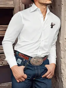 Men's Fitted Long Sleeve Western Classic Button Shirt, Deer Head Print, Slim Fit, Casual Denim Style, Perfect for Country Gatherings and Daily Commute