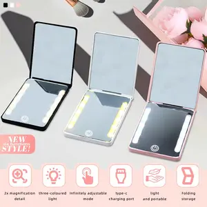 Portable LED Light Makeup Mirror, 2x Magnification Mirror, 3 Color Lighting Mirror, Rechargeable Makeup Mirrors for Travel, Office, Home, Decor, Foldable Makeup Mirror