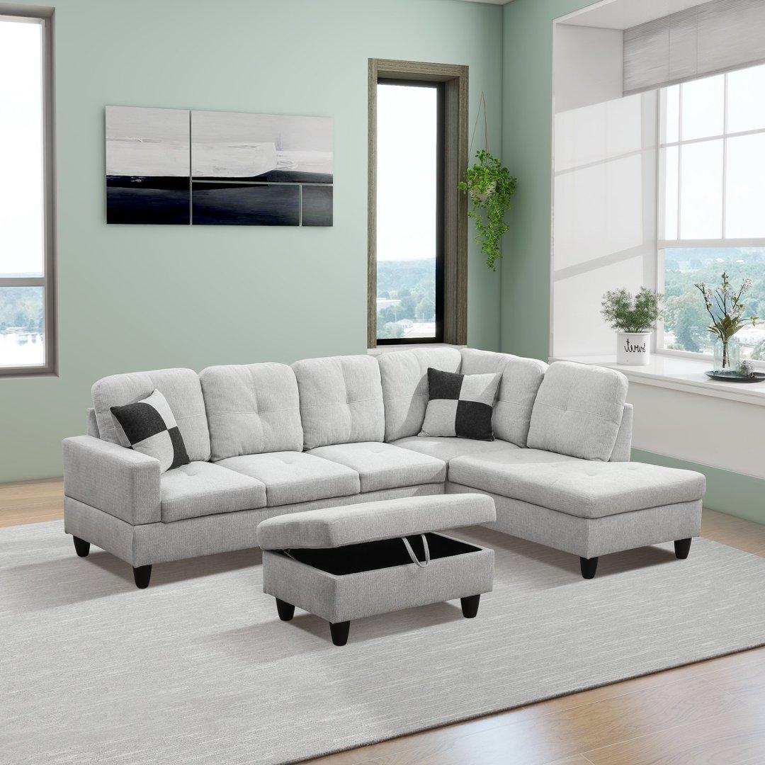 Light Grey Flannel 3-Piece Couch Living Room Sofa Set