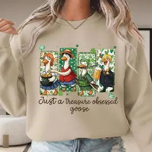 1 Piece St Patricks Day Goose Sweatshirt | OP characters Clover Graphic Crewneck | Funny Anime Merch Fan Gift for Treasure Hunters, Cozy Fit, Perfect for Any Season, Must-Have Basic, Always Handy