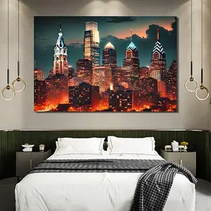 Philadelphia Skyscraper Canvas Art Print Modern Cityscape Wall Decor for Living Room & Bedroom High-Quality Giclee Print Vibrant City Lights & Iconic Architecture Digital Print Aesthetic Appeal Versatile Usage - Ornaments