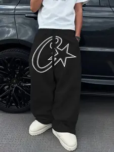 Men's Sporty Sweatpants with Large C Star Design, Soft Skin-Friendly Fabric, Loose Wide Leg, Street Style, Drawstring Waist, All Seasons, Casual Sporty Trousers