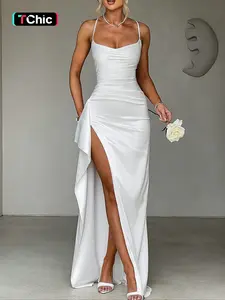 Women's Elegant Sexy Slit Tube Dress, Formal Elegant Dress, Trendy Tie Shoulder Backless Long Dress for Party Club Dating Wear, Ladies Clothes for All Seasons