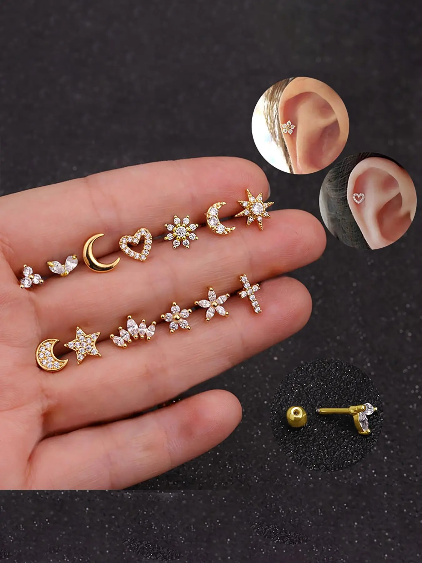 Elegant Rhinestone Decorated Nose Studs, Girlfriend Gifts Jewelry, Heart & Star & Moon Shaped Nose Rings, Chic Body Jewelry, Fashion Body Piercing Jewelry for Women, Nose Rings Set, Pierce