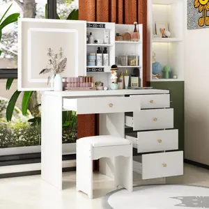 FUFU&GAGA (QC) Makeup Vanity Desk Set with Sliding Lighted Mirror, Power Strip & Hair Dryer Holder, with Drawers, Storage Shelves & Stool for Bedroom