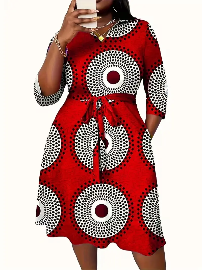 Plus Size African Print Midi Dress for Women, 3/4 Sleeve V Neck Self Tie Waist Casual A Line Dress with Pockets Ankara Pattern Party Dress Womenswear Red