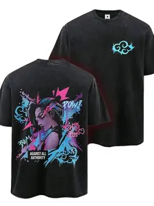 Jinx Game Character Graphic Tee Vintage Acid Wash Oversized T-Shirt Heavyweight Cotton Y2K Streetwear Gamer Top 2D Flat Print Unisex Casual Drop Shoulder Shirt Arcane Anime Cosplay Merch Edgy Eboy Fashion Against All Authority Graffiti Clothing Tops!