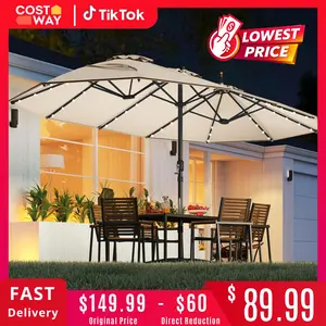 COSTWAY 13/15FT Solar LED Patio Umbrella with Base & Crank - Outdoor Market Umbrella for Garden, Deck, Backyard, Pool, Beach - Durable Water-Resistant Fabric, Adjustable Lighted Umbrella COSTST