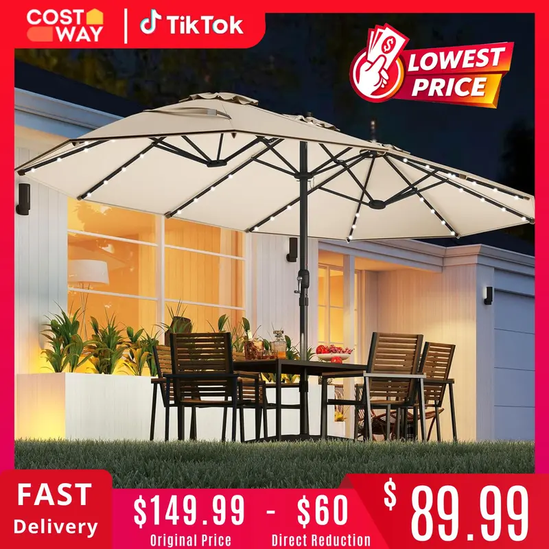 best price on 9 ft patio umbrella FUNDAZE 9ft Outdoor Patio Umbrella with Tilt & Crank, Heavy Duty Round Sun  Umbrella for Garden, Poolside, Deck, BackyardBeige