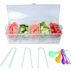 Ice Chilled Condiment Server with 5 Removable Compartments, Clear Sauce  Serving Tray Container with Lid, Set of 5 Serving Spoons & 3 Tongs Included