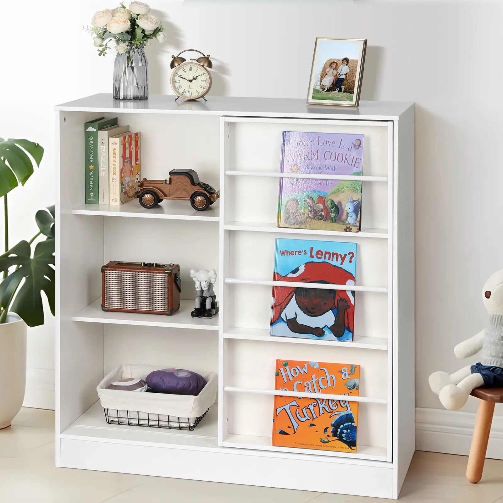 Cowiewie Baby Toy Organizers and Storage 5-Section Kids Bookshelf for Organizing Books Toys Wooden Storage Cabinet for Playroom School Classroom with Left Right Sliding Door Large Space Sturdy Safe Montessori Style Child Friendly Design