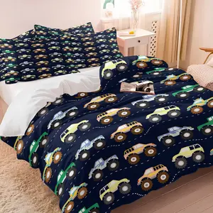 Cartoon Monster Truck Duvet Cover Set, 1 Duvet and 1-2 Coreless Pillowcases, Navy Blue Background and Cartoon Truch Full Print, Comfortable and Colorful, Childlike Style Kids Bedroom Decor, Boys Gift