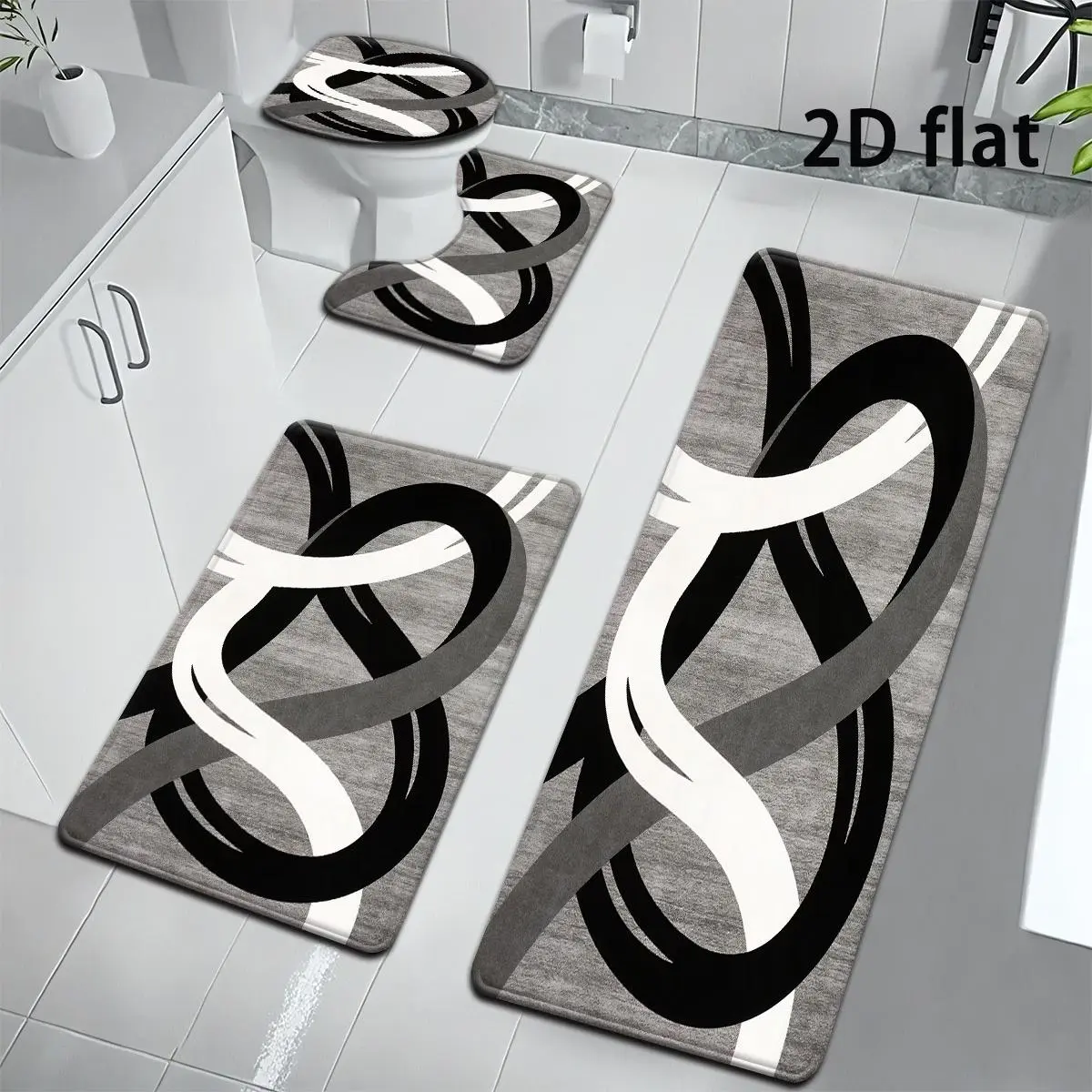 4pcs Flannel Bathroom Rug Set, Modern Abstract Curve Line Bath Mat Kit, Non-Slip Quick Dry Soft Flannel Mat with Runner, Contour Rug, Toilet Lid Cover