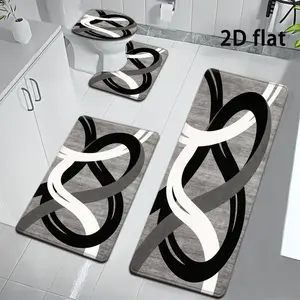 Joyfinity 4pcs Flannel Bathroom Rug Set, 2D Printed Flannel Floor Mat Memory Foam Filling, Non-Slip Dot Backing, Fine Stitched Binding for Bathroom Bedroom EntrywayModern Abstract Curve Line Bath Mat Kit