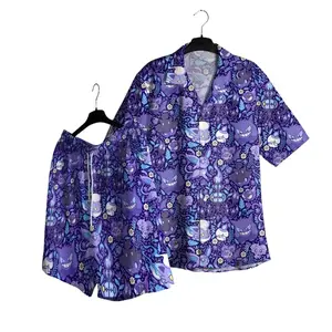 Purple PKM Hawaii Set Hawaiian Shirt, Hawaiian Short - For All Ages Palm Tree Anime Manga Shirt Video Game Gifts Summer Beach Tropical Floral Aloha