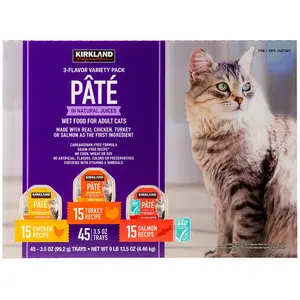 Kirkland Signature Pâté Cat Food Variety Pack 3.5 oz 45-count 3 Flavor Pack Chicken Turkey Salmon Real Meat First Ingredient Grain-Free Carrageenan-Free