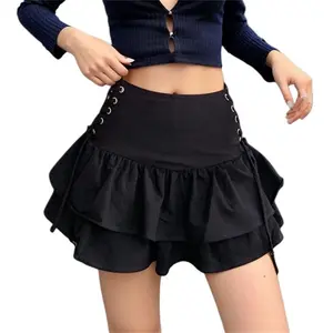 Goth A-Line Mini Skirt for Women - Double High Rise Ruffled Black Lace-up, Fairy Grunge Punk for Going Out Dance