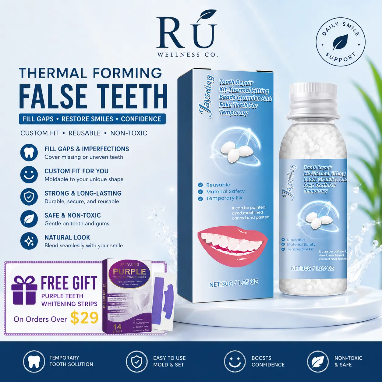 Mouldable Temporary Tooth Replacement Kit - Moldable Dentures, False Teeth, Dentures Temporary Fillings, Shapeable Pellets, Tools, Reline Solution, Safe Material Multi-Pack for Natural Instant Confident Smile, Oral