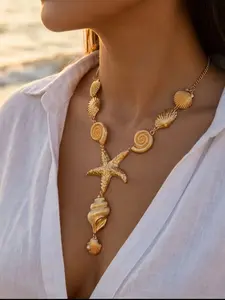 Vintage Starfish Shell Necklace, Summer Vacation Style, Exaggerated Beach Party Evening Jewelry, Women's Fashion Accessory