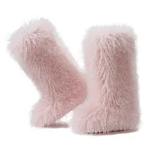 AOSPHIRAYLIAN Soft Pink Plush Faux Fur Slipper Boots for Women Ultra-Cozy Mid-Calf Length Non-Slip Sole Warm Booties with Fluffy Texture Pink Beige Black winter footwear