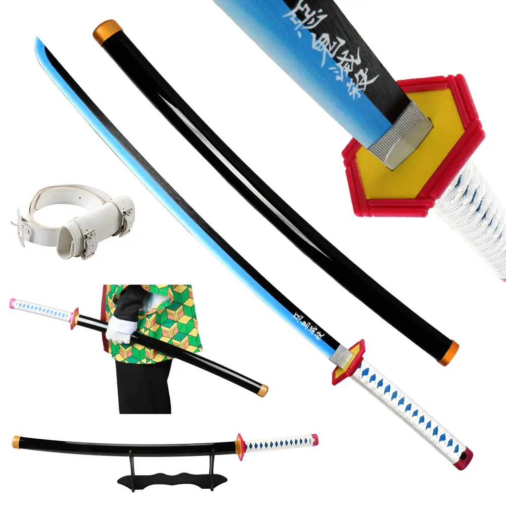 ELERVINO Demon Slayer Tomioka Giyuu Cosplay Bamboo Wooden Katana - 41-in 1.1 lb Blade Replica with Holder Stand, White Belt for Props, Collection; Plastic Halloween Christmas Decoration, Birthday New Year Gift, Wood, 41 Inches