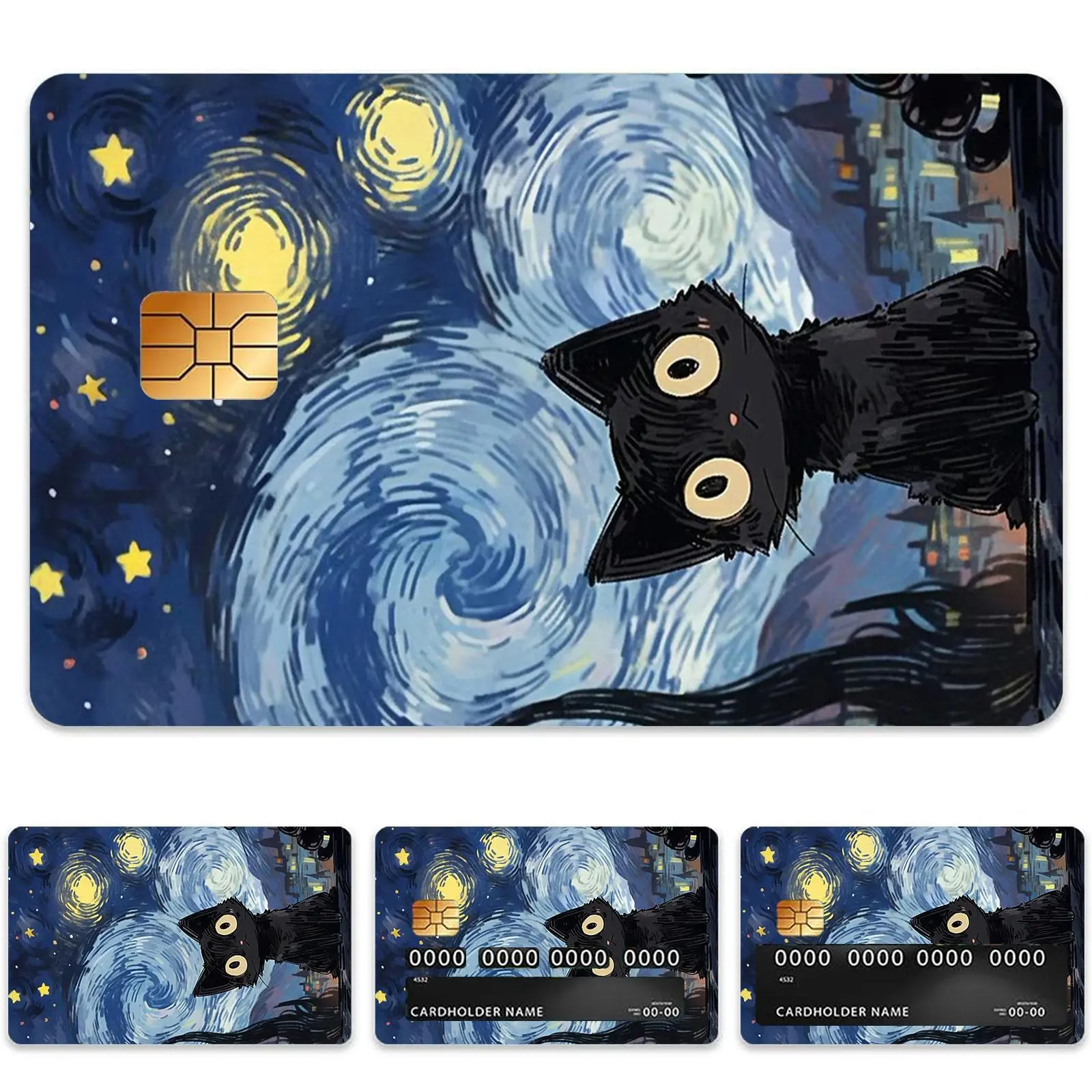 Van Gogh Starry Night Cat Pattern Credit Card Skin, 4 Counts/set Ultra-thin Waterproof Scratch Resistant Card Sticker, Personalized Bank Card Skin Protector, Graphic Decal, Illustration Stickers, Aesthetic Stickers