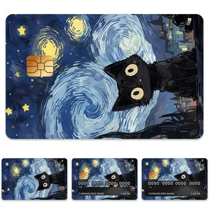 Van Gogh Starry Night Cat Pattern Credit Card Skin, 4 Counts/set Ultra-thin Waterproof Scratch Resistant Card Sticker, Personalized Bank Card Skin Protector, Graphic Decal, Sticker Sheets, Durable Adhesive Stickers
