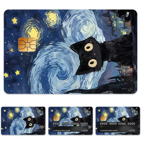 Van Gogh Starry Night Cat Pattern Credit Card Skin, 4 Counts/set Ultra-thin Waterproof Scratch Resistant Card Sticker, Personalized Bank Card Skin Protector, Graphic Decal, Illustration Stickers, Aesthetic Stickers