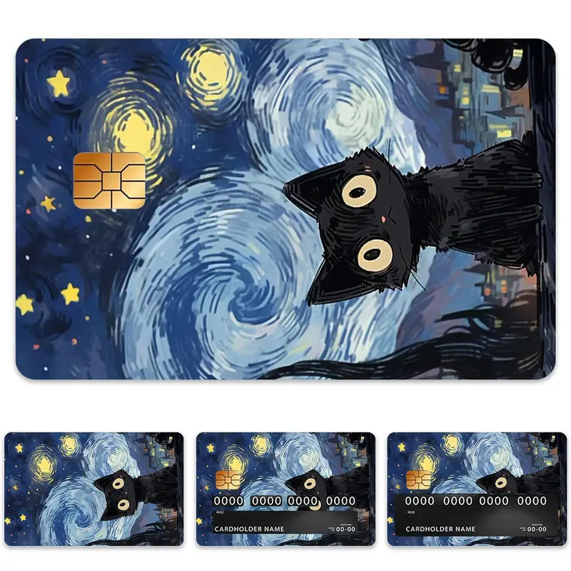 Van Gogh Starry Night Cat Pattern Credit Card Skin, 4 Counts/set Ultra-thin Waterproof Scratch Resistant Card Sticker, Personalized Bank Card Skin Protector, Graphic Decal, Illustration Stickers, Aesthetic Stickers