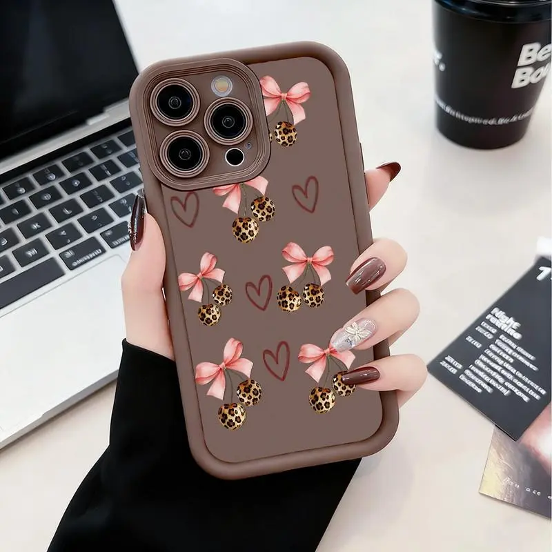 Bow, leopard print, and cherry pattern phone case. Compatible with iPhone 17 Pro Max/16 Pro Max/15 Plus/14/13/12/11, TPU soft case. Compatible with Galaxy S26 Ultra/S25 Plus/S24/S23, Dopamine color. Compatible with Galaxy A54/A53/A33/A15.