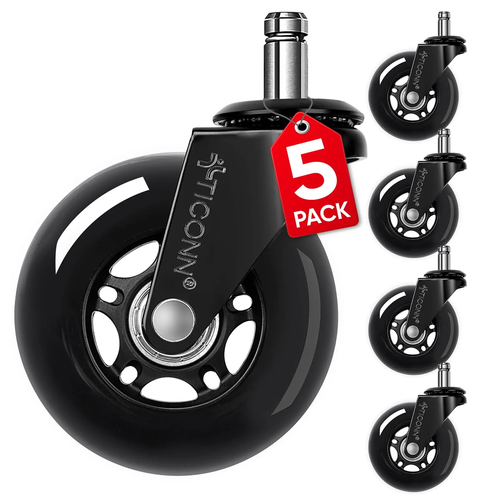 Heavy Duty Office Chair Caster Wheels (Set of 5) - Replacement Wheels, Scratch-Free, Quiet, Smooth, Universal Fit for Hardwood Floors, Tile, Carpets