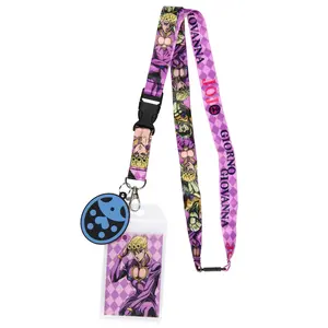 JoJo's Bizarre Adventure Lanyard Giorno Giovanna Reversible ID Lanyard Badge Holder With 2 Inch Rubber Scarab Pendant