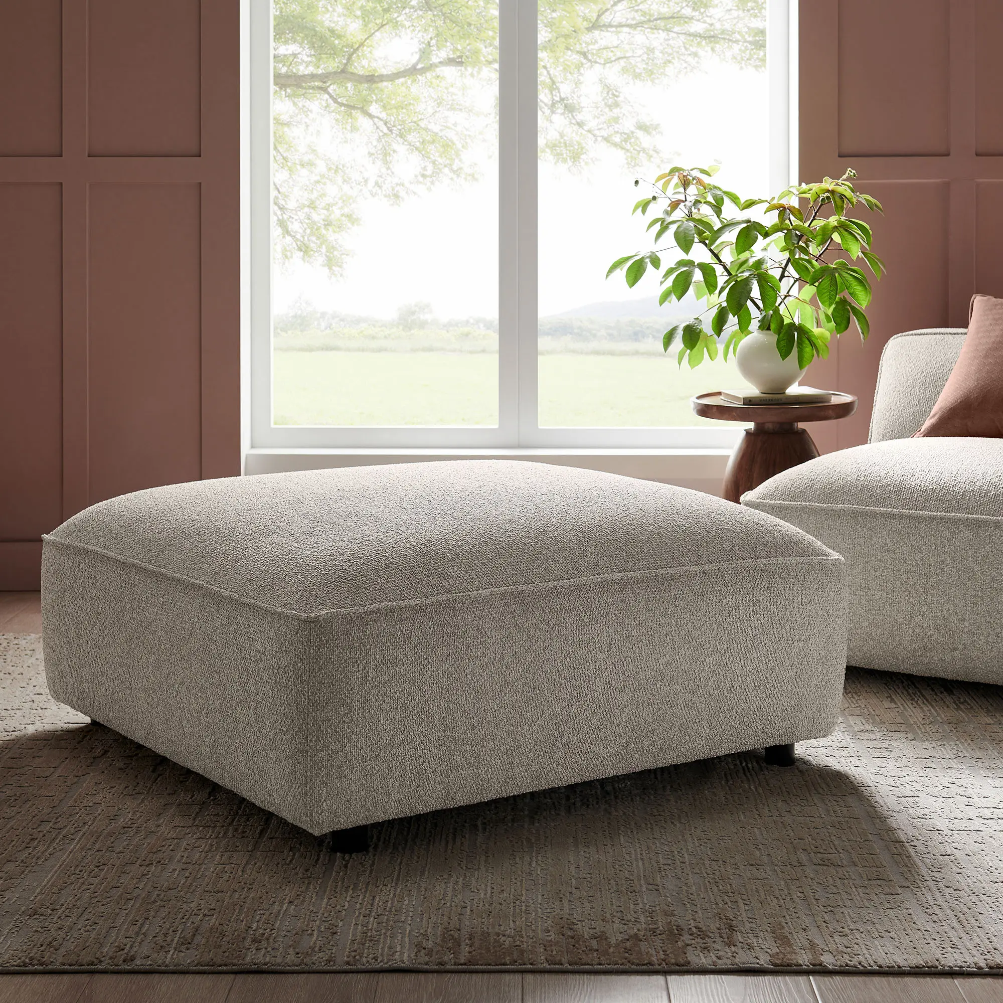Auren Lattice Bouclé Upholstered Ottoman in Fog