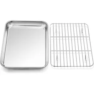 Toaster Oven Tray and Rack Set, Stainless Steel Baking Pan with Cooling Rack, Fit Your Small Oven & Single Person Use, Non Toxic & Easy Clean Bakeware Bake Baking Tray Kitchen Thick