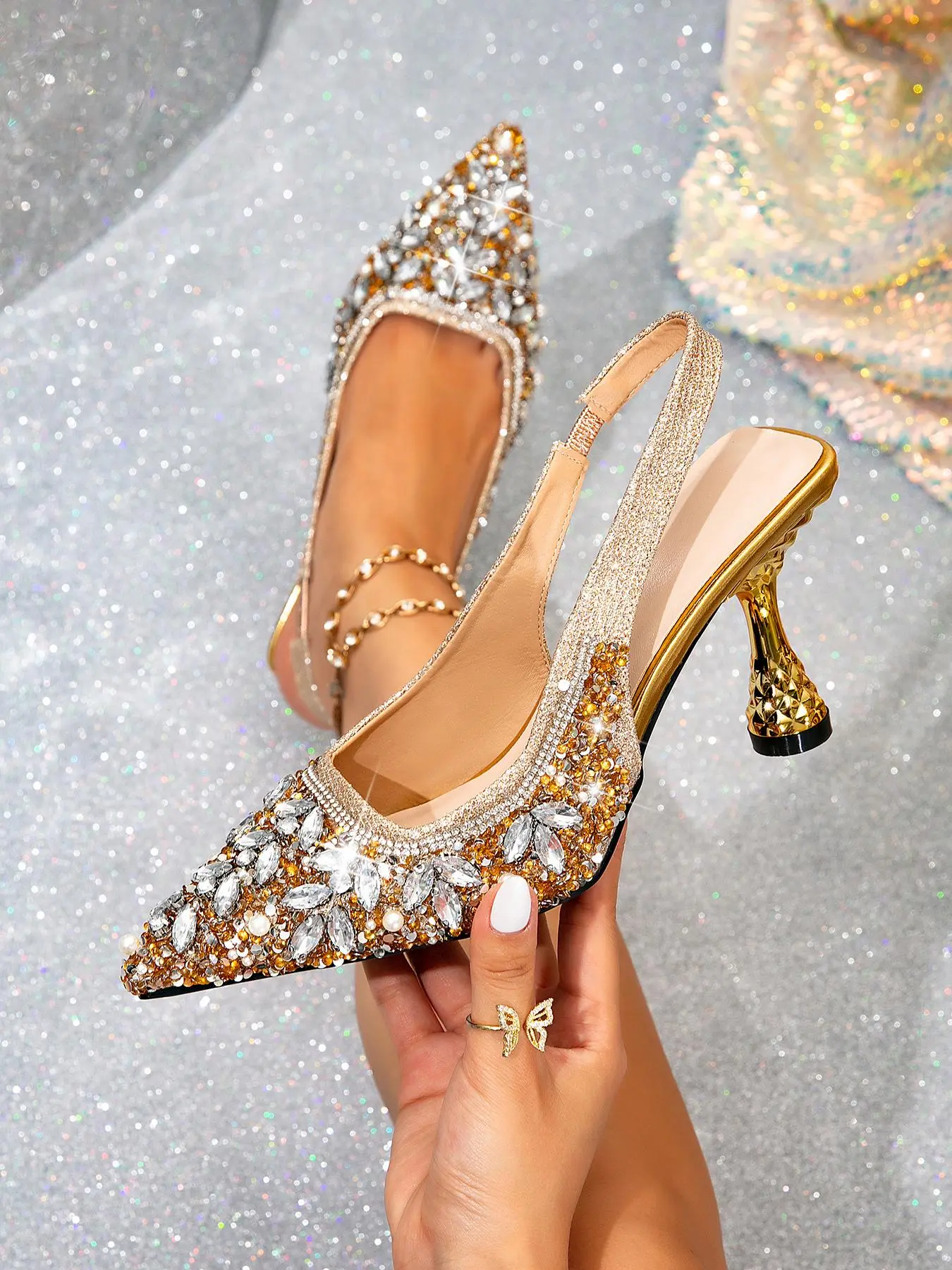 Women's Elegant Rhinestone Decorated Heels, Fashionable Pointed Toe High Heel Sandals, Elegant Classy Sandals, Elegant Heeled Sandals for Party, Daily Clothing Decor for Women, Footwear, Fancy Sandals, Embellished Sandal