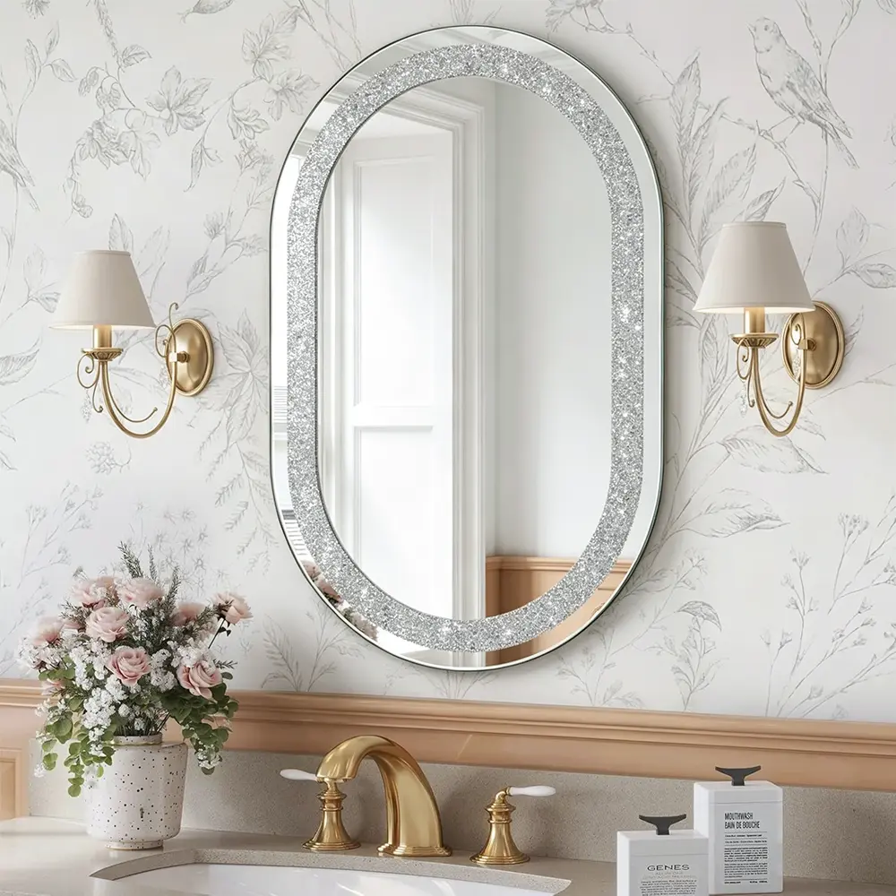 23.6In Crystal Crushed Diamond Oval Shaped silvery Mirror, Modern Irregular Bathroom Mirror, Wall Decoration Hanging Mirror, Frameless Wall Hang Sparkly Glass Mirror Stunning Stylish Fashion Home Decor Decorative Mirror