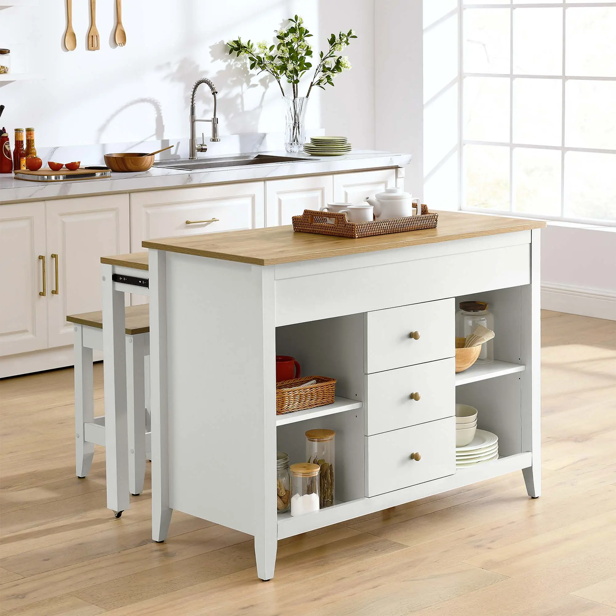 Modway Modern Farmhouse 3-Piece Kitchen Island and Stool Set, Farmhouse Style Baker's Racks with Drawers, Oak White Finish