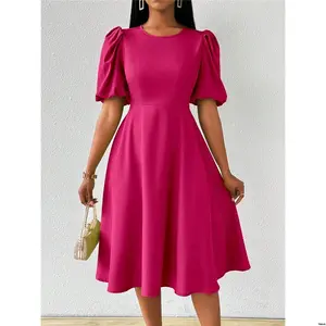 For And Puff Neck Midi Green Lyxana Dress With Round Sleeves Flared Women Spring / Summer