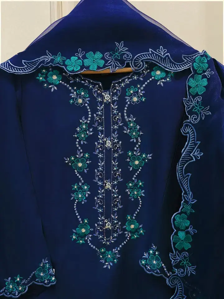 Aghanoor 3 Piece-  Pure Embroidered Sheesha Silk Suit Body Size 48-50 XL Available.