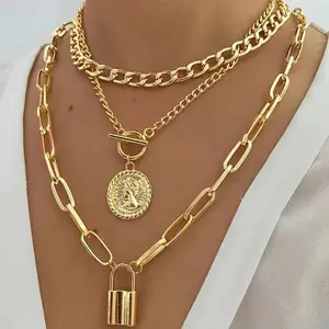 3-Piece Layered Necklace Set, Women’s Vintage & Elegant Style, Gold-Plated Embossed Round Pendant Necklace with Creative Lock Charm, Fashionable Jewelry Accessory
