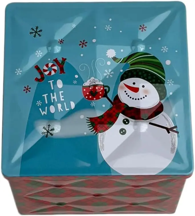 Christmas Square Metal Tin Box with Lid, Snowman Design | Embossed Relief Effect, Holiday Cookie Storage Container
