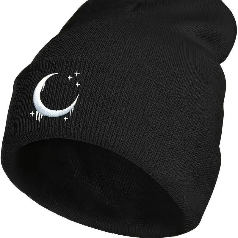 Unisex Gothic Knitting Beanie - Wool Thermal Knit Hat, Soft Lightweight Skull Style Cap, Crescent & Stars Embroidery Statement Cap, Winter Casual Ideal Gift for Gothic Enthusiasts, Soft Lightweight Beanie, Trendy Hat