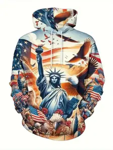 Men's Patriotic 3D Print Hoodie, American Flag & Statue of Liberty Design, Casual Loose Fit Long Sleeve Pullover for Spring & Fall