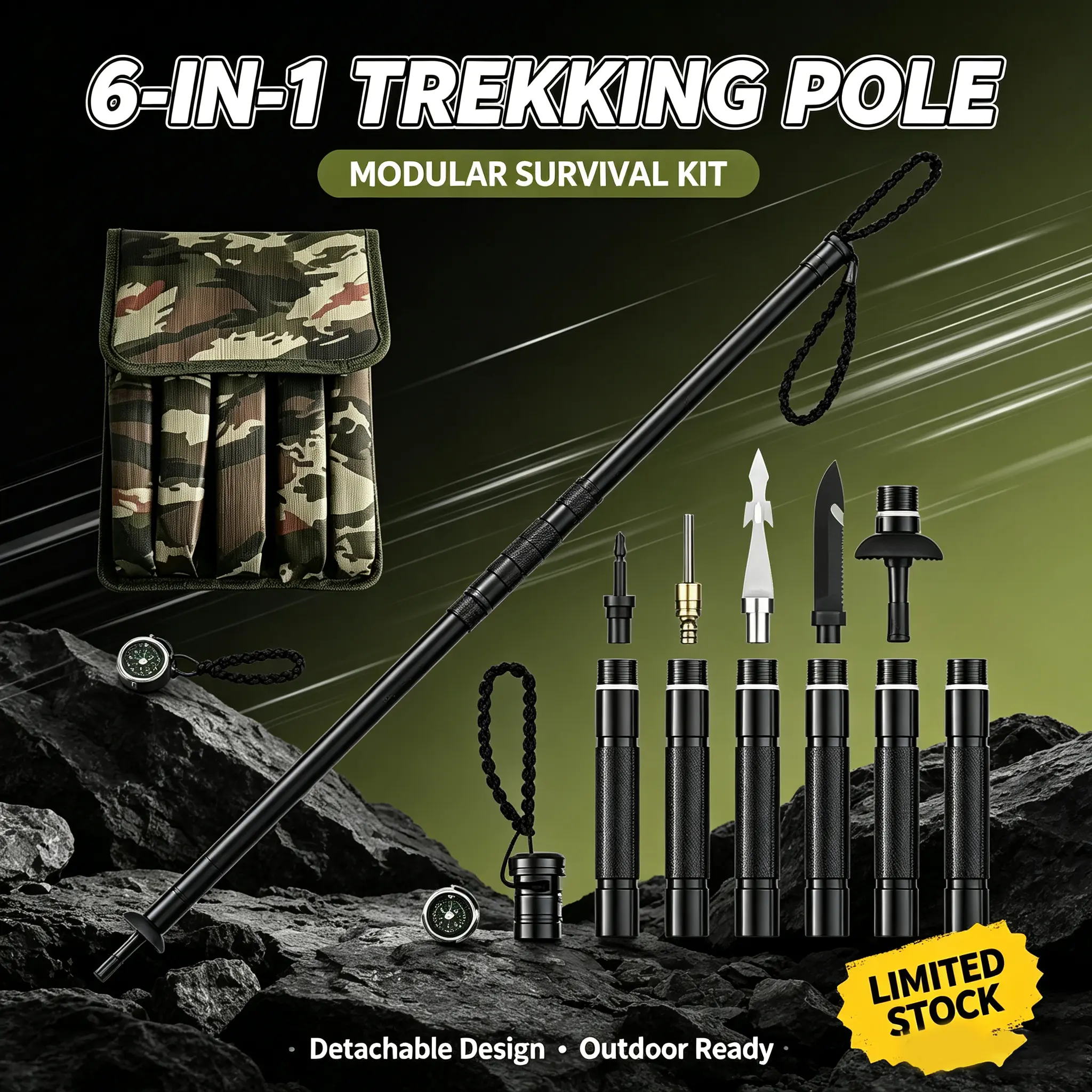 Tactical Hiking Stick w/Survival Kit - Walking Staff for Camping | Compass & Fire Starter Built In. Tactical Multi-Use Walking Staff for Hiking, Camping, Hunting & Backpacking.