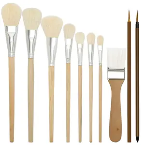 Mop Brush for Acrylic Painting, 10 PCS Assorted Size Paint Brushes, Wool Oil Painting Brushes with Wooden Handle for Watercolor Painting Oil Painting Face Body Painting