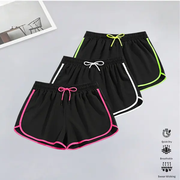 Women's Mid-Rise Polyester Quick Dry Running Sports Shorts (Set of 3) - Multicoloured with Contrast Sides, Soft Smooth Fabric, Non-Restrictive Elastic Waistband, Solid-Color Casual, Breathable All-Season Fitness Essential