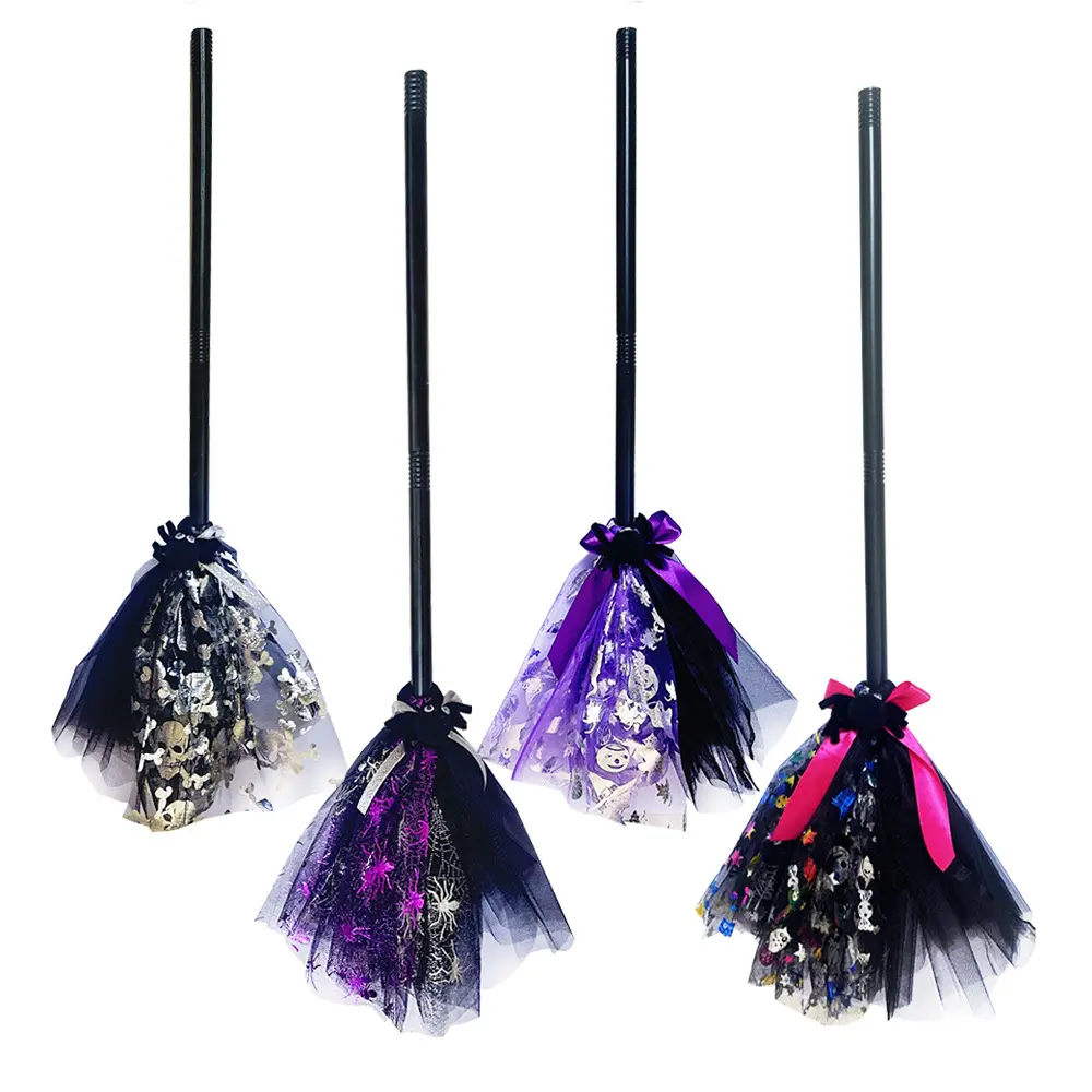 Halloween Witch Broom, Tulle Bow Broomstick with Spooky Skull Spider Decor, Cosplay Costume Prop for Halloween Dress-up Parties & Festive Decorations